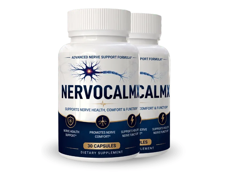 Two bottles of NervoCalmX nerve support supplement, white bottles with navy blue labels and gold trim