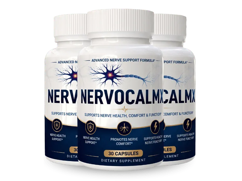 Three bottles of NervoCalmX nerve support supplement, white bottles with navy blue labels and gold trim