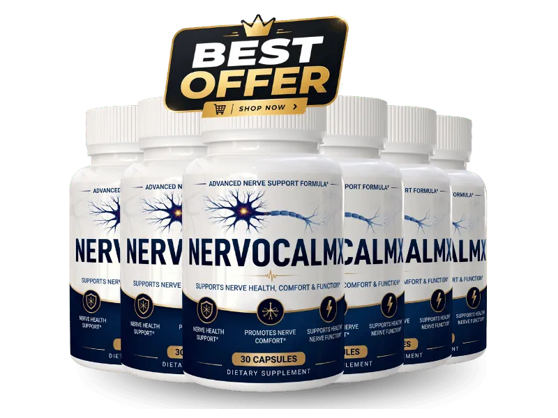 Six bottles of NervoCalmX nerve support supplement, white bottles with navy blue labels and gold trim, best value bundle