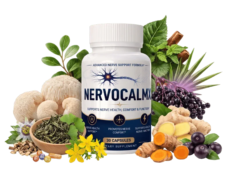 NervoCalmX nerve support supplement bottle — white bottle with navy blue label and gold accent trim, 30 capsules, surrounded by botanical ingredients